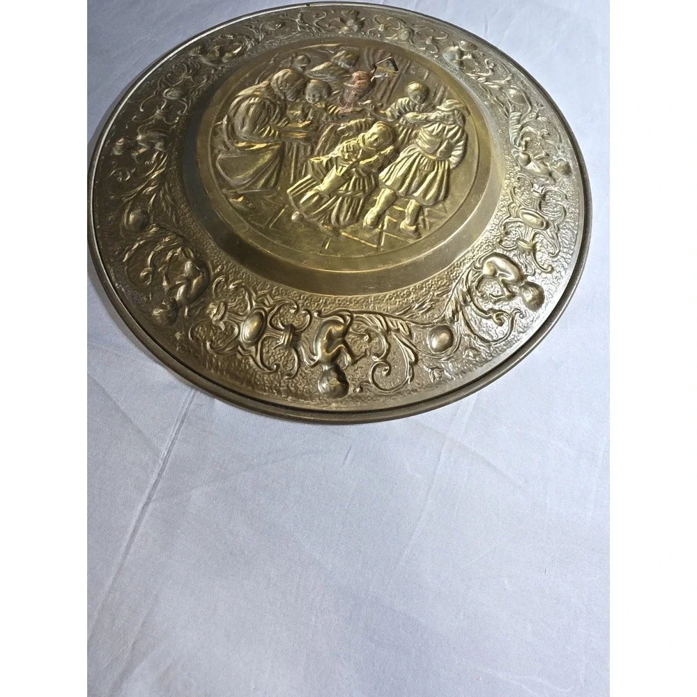Vintage Brass Repousse Wall Plates Pair Dutch Genre Scenes Ornate Decorative
